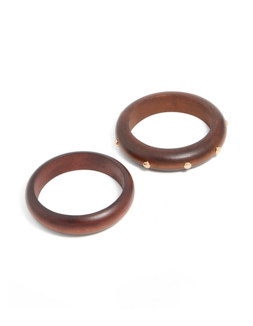 Crafted from wood, these studded bangles in a 2-pack feature saddlebrown and gold tones with statement chunky styling in front view