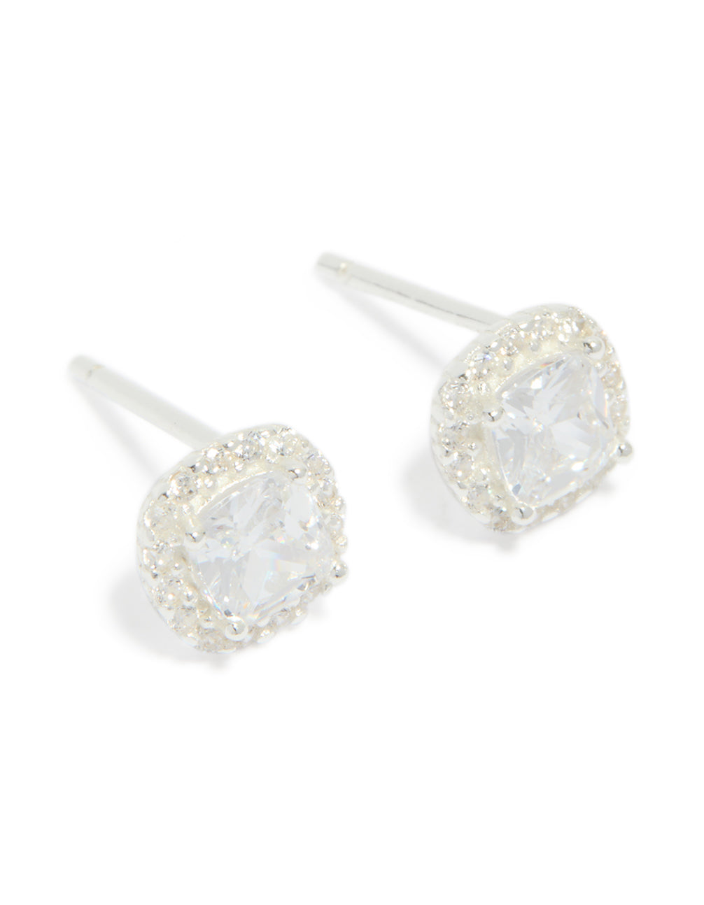 Sterling Silver Cubic Zirconia Square Halo Stud Earrings
