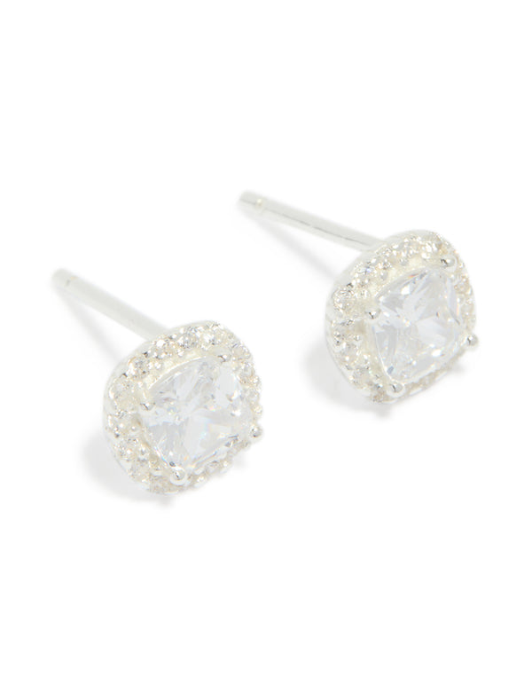 Sterling Silver Cubic Zirconia Square Halo Stud Earrings