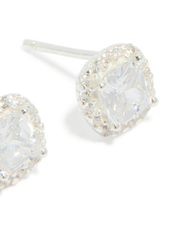 Sterling Silver Cubic Zirconia Square Halo Stud Earrings