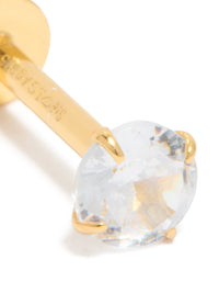 Elegantly designed gold plated sterling silver round cubic zirconia flat back single stud with crystal close up view - link has visual effect only