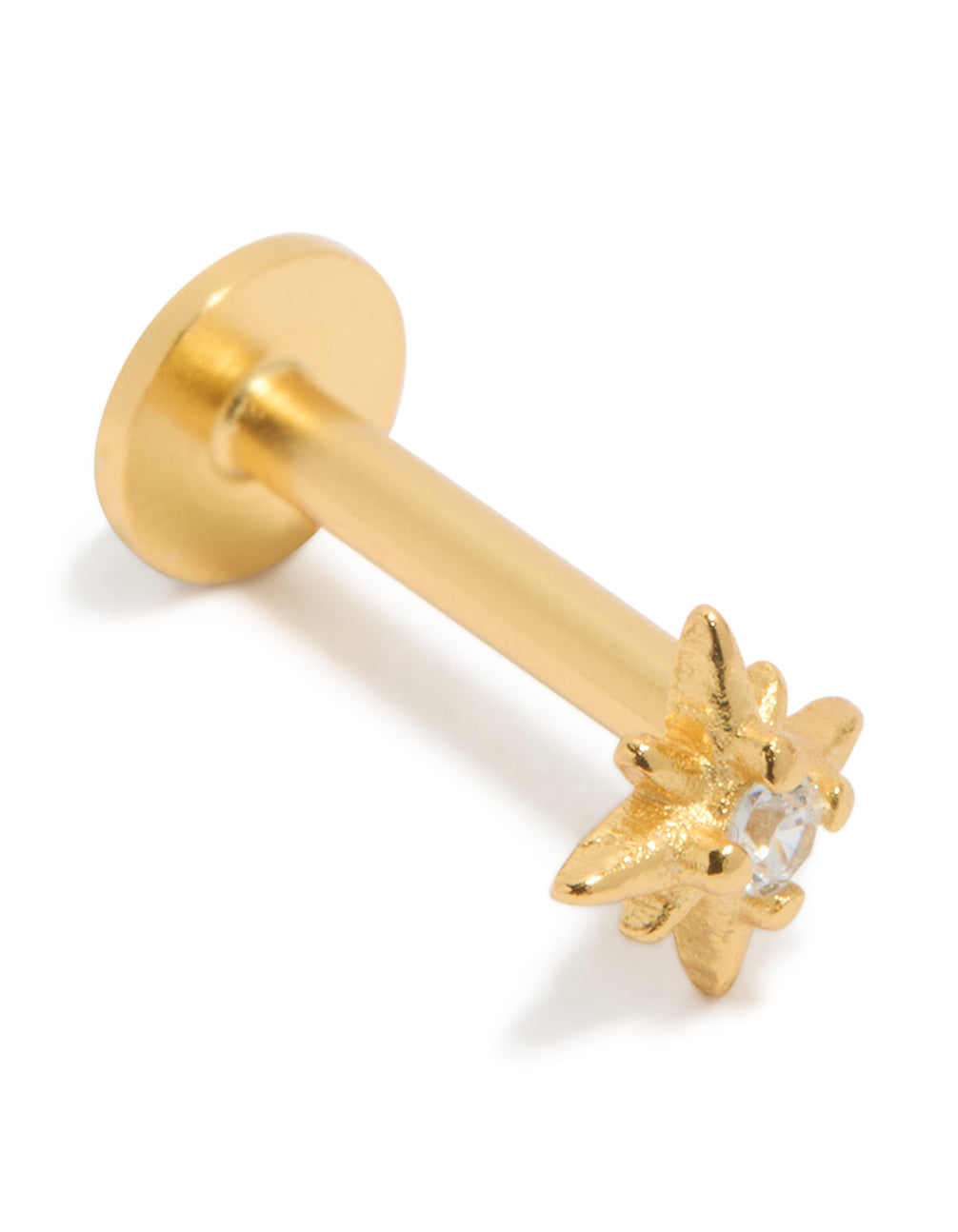 Discover this celestial star stud crafted from gold plated sterling silver featuring cubic zirconia and flat back closure front view