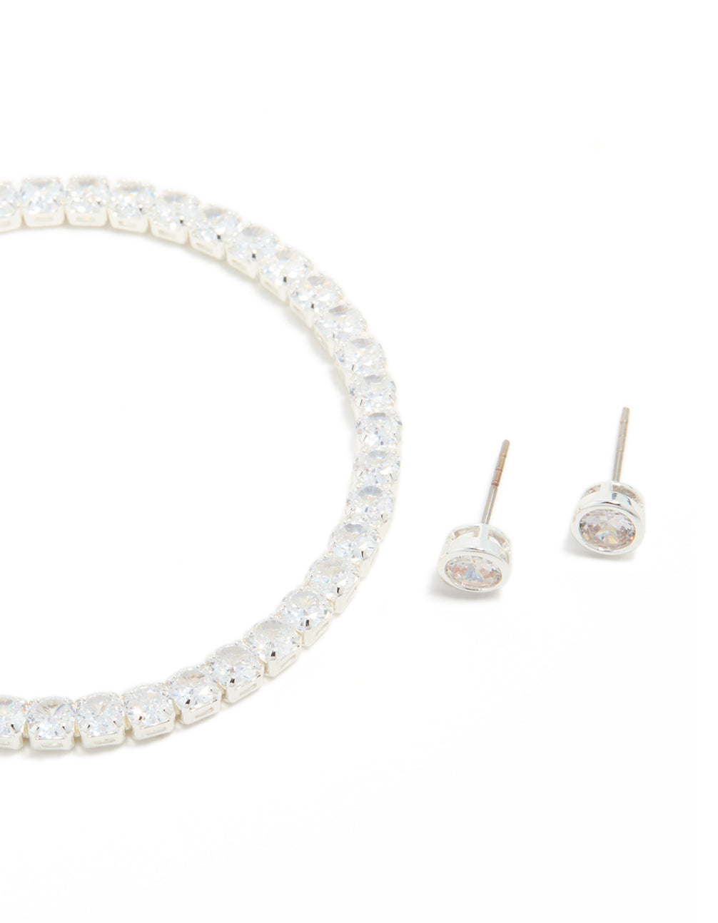 Silver Plated Cubic Zirconia Circle Tennis Bracelet & Earrings Set