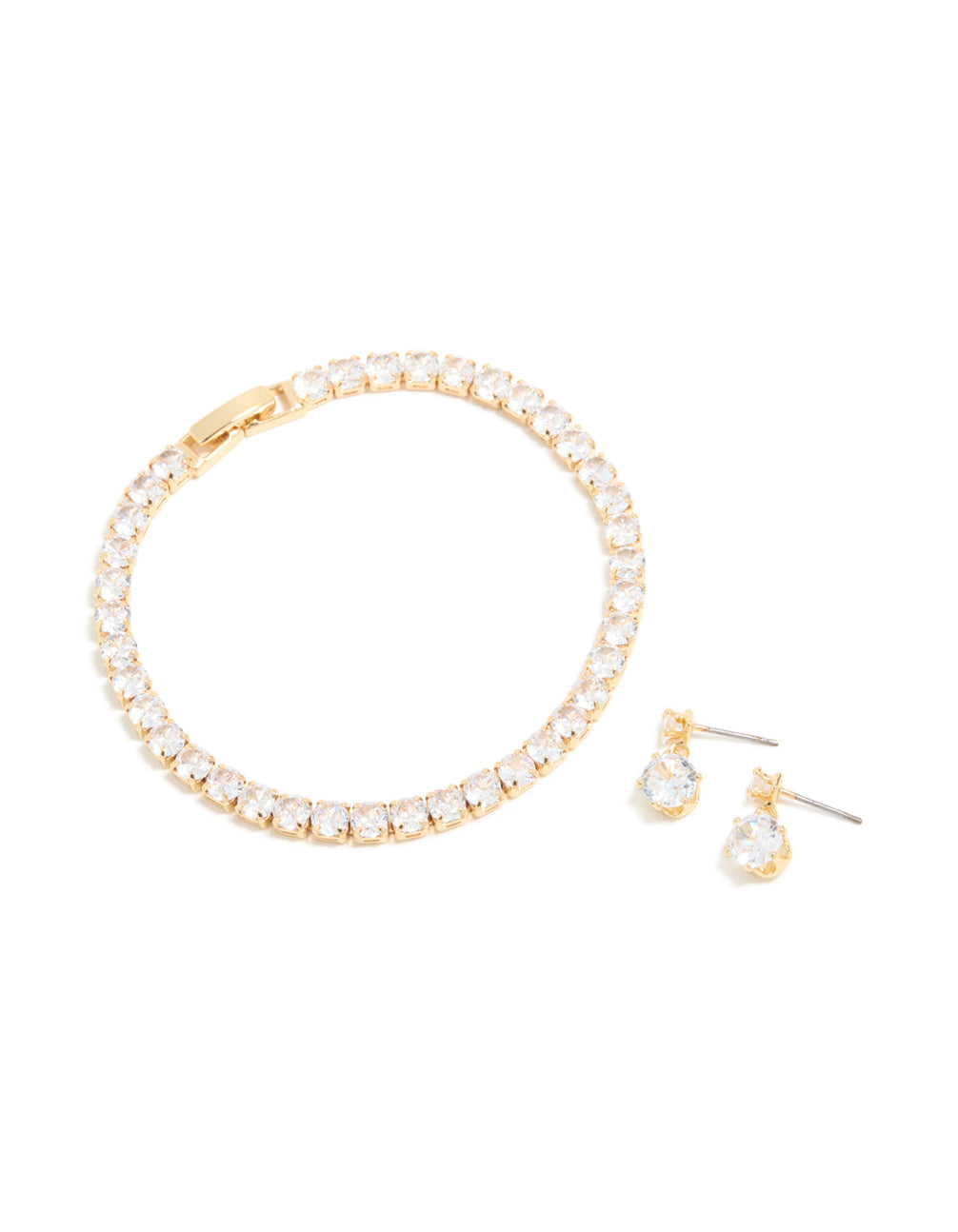 Gold Plated Cubic Zirconia Drop Earrings & Tennis Bracelet Set