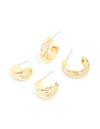 Gold Plated Diamante Chunky & Bezel Open Hoop Earrings 2 Pack - link has visual effect only