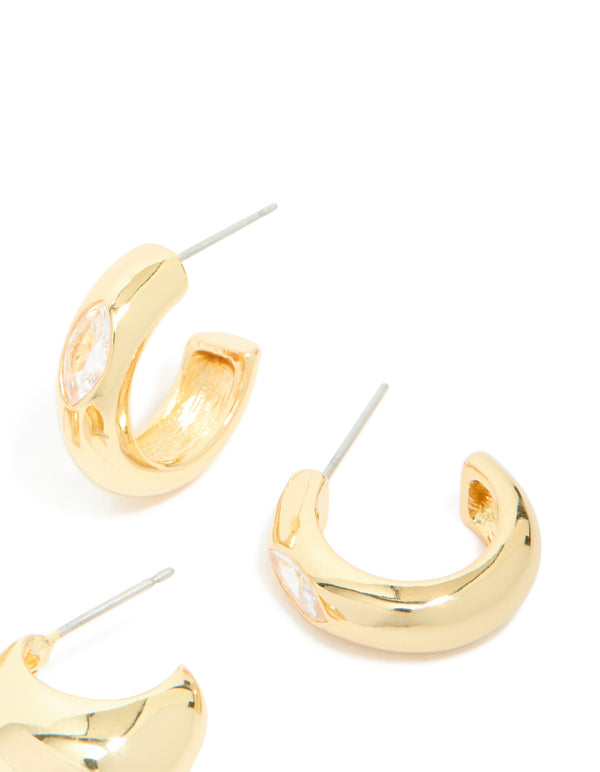Gold Plated Diamante Chunky & Bezel Open Hoop Earrings 2 Pack