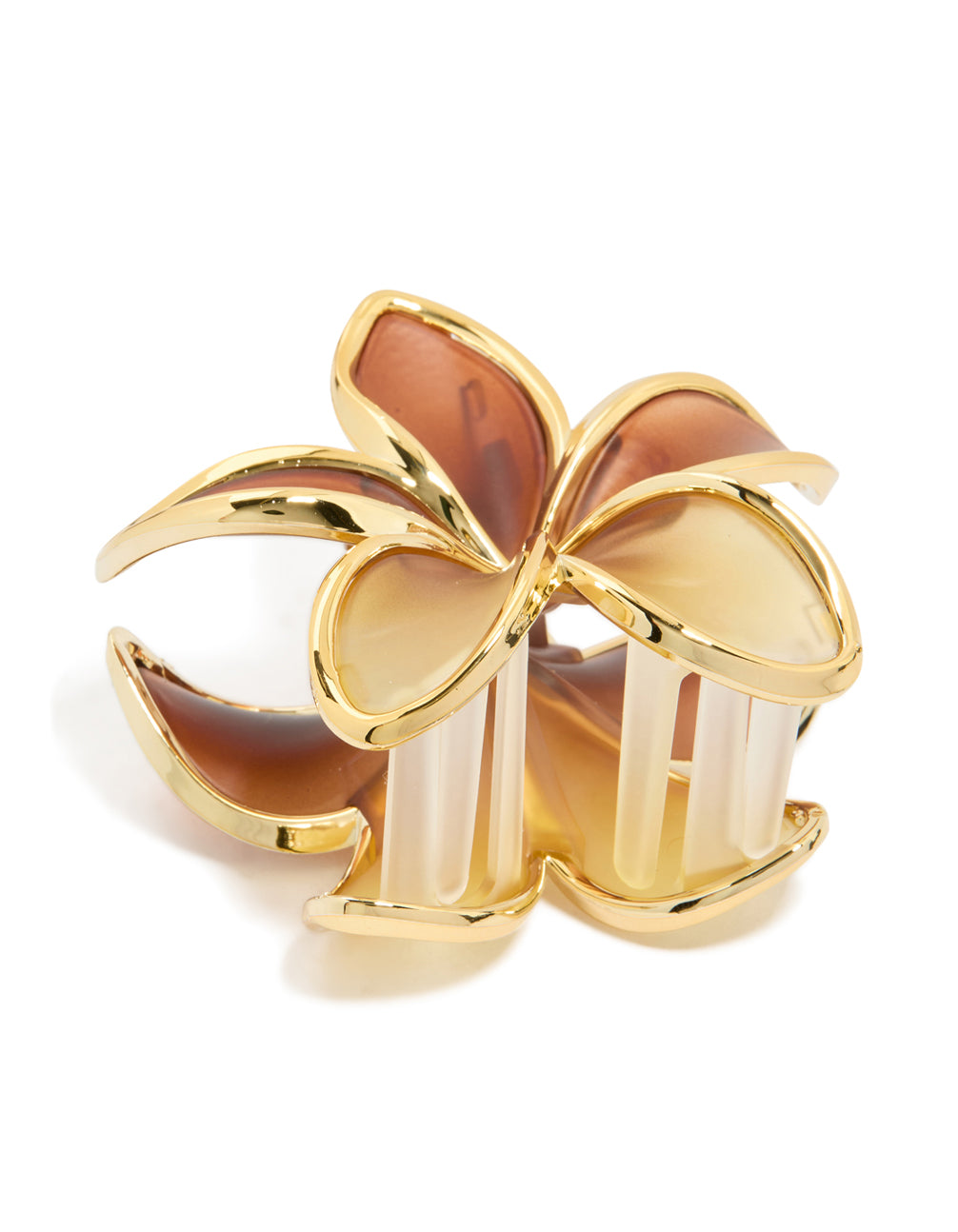 Discover this brown ombre frangipani flower claw clip featuring floral design in gold, sienna, peru, and burlywood tones side view