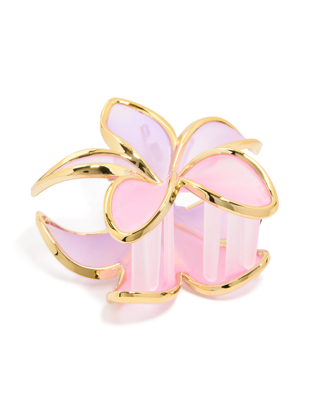 Showcasing a floral pink and plum with gold outline frangipani flower claw clip side view