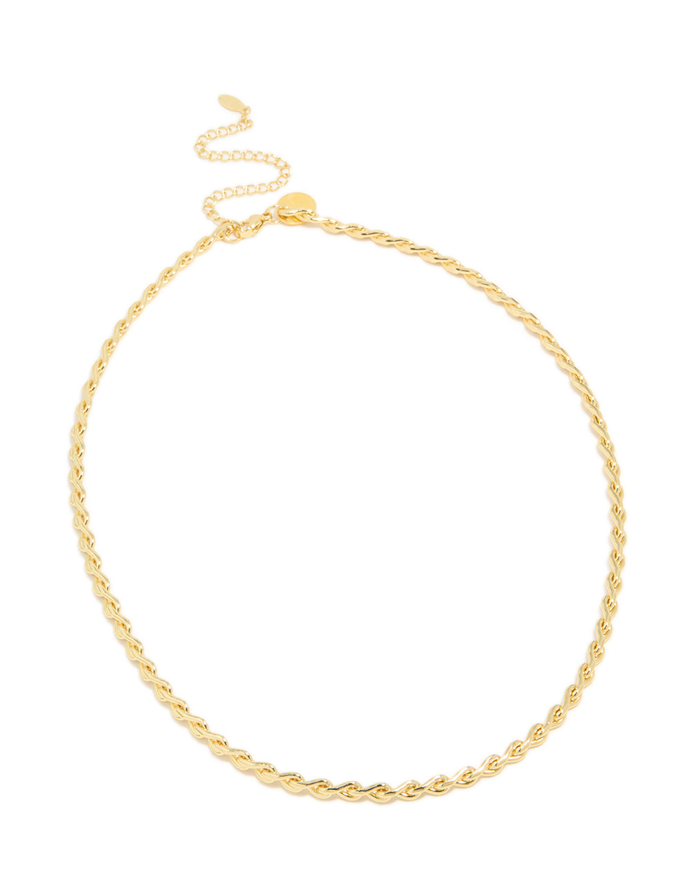 Displaying a waterproof teardrop chain link necklace in gold plated stainless steel front view