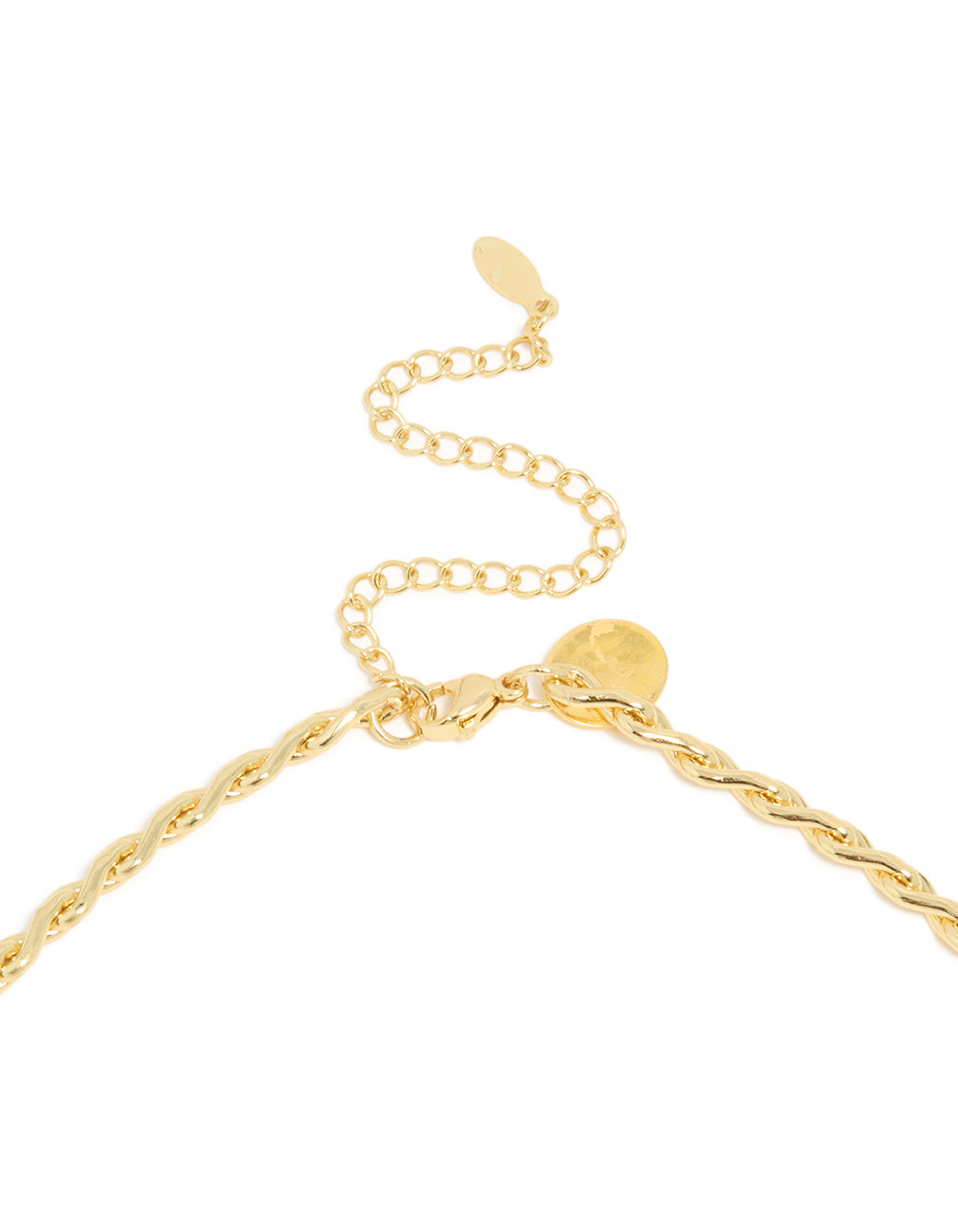 Presenting a waterproof teardrop chain link necklace with gold plated stainless steel clasp detail view