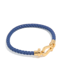 Waterproof Gold Plated Stainless Steel Blue PU Leather Braided Chunky Link Bracelet - link has visual effect only
