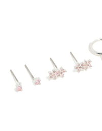 Silver Plated Brass Pink Cubic Zirconia Flower Stud & Hoop Earrings 4-Pack - link has visual effect only