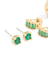 Gold Plated Brass Emerald Cubic Zirconia Huggie & Stud Earrings 4-Pack - link has visual effect only