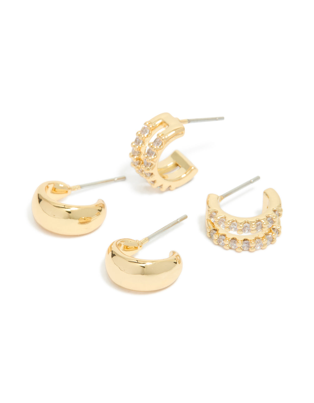 Gold Plated Brass Smooth & Cubic Zirconia Double Hoop Earrings 2-Pack