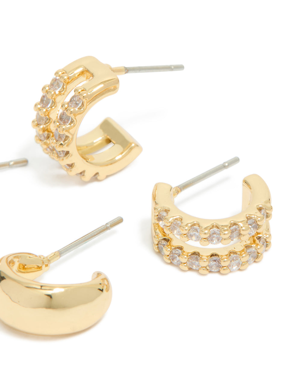 Gold Plated Brass Smooth & Cubic Zirconia Double Hoop Earrings 2-Pack