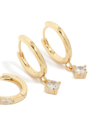 Gold Plated Brass Cubic Zirconia & Smooth Huggie Earrings 2-Pack - link has visual effect only