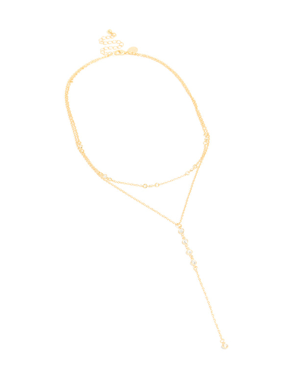 Gold Plated Cubic Zirconia Bezel Layered Y-Necklace