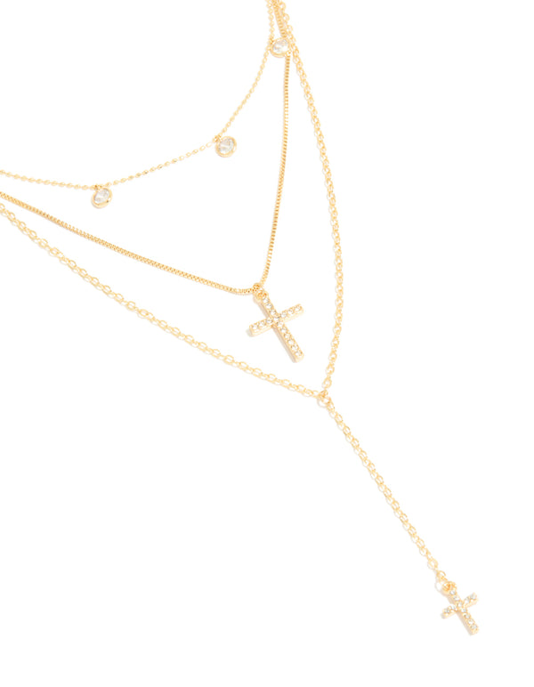 Gold Plated Cubic Zirconia Droplet & Cross Layered Y-Necklace