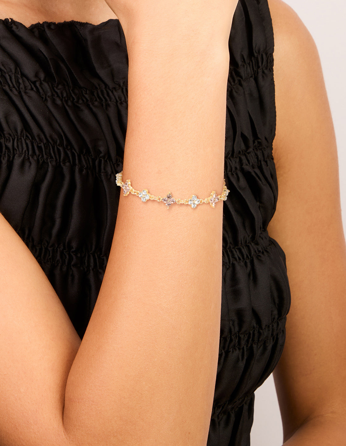 Gold Plated Pink & Clear Cubic Zirconia Flowers Charm Bracelet