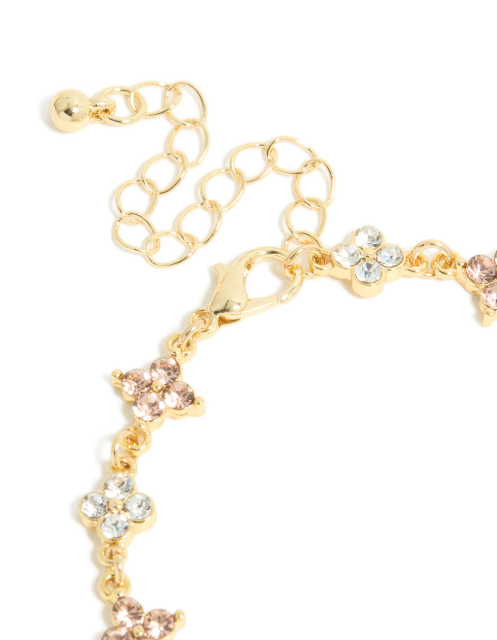 Gold Plated Pink & Clear Cubic Zirconia Flowers Charm Bracelet