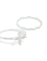 Silver Plated Cubic Zirconia Band & Flower Rings 3-Pack - link has visual effect only