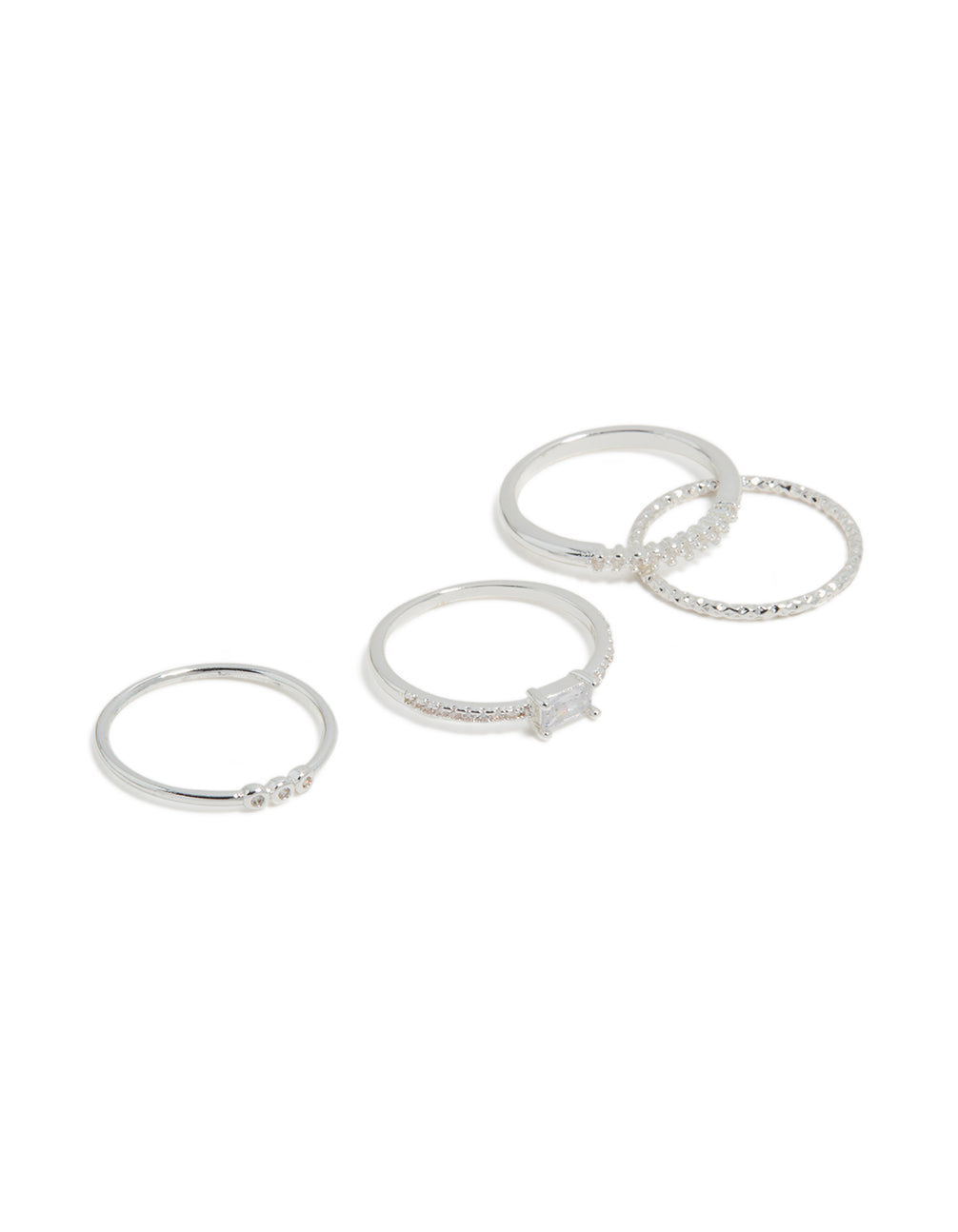 Crafted from silver plated cubic zirconia square bezel rings 4-pack front view