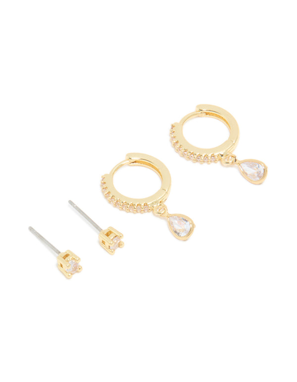 Gold Plated Brass Cubic Zirconia April Birthstone Earrings 2 Pack