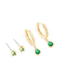 Gold Plated Brass Emerald Cubic Zirconia May Birthstone Earrings 2 Pack - link has visual effect only