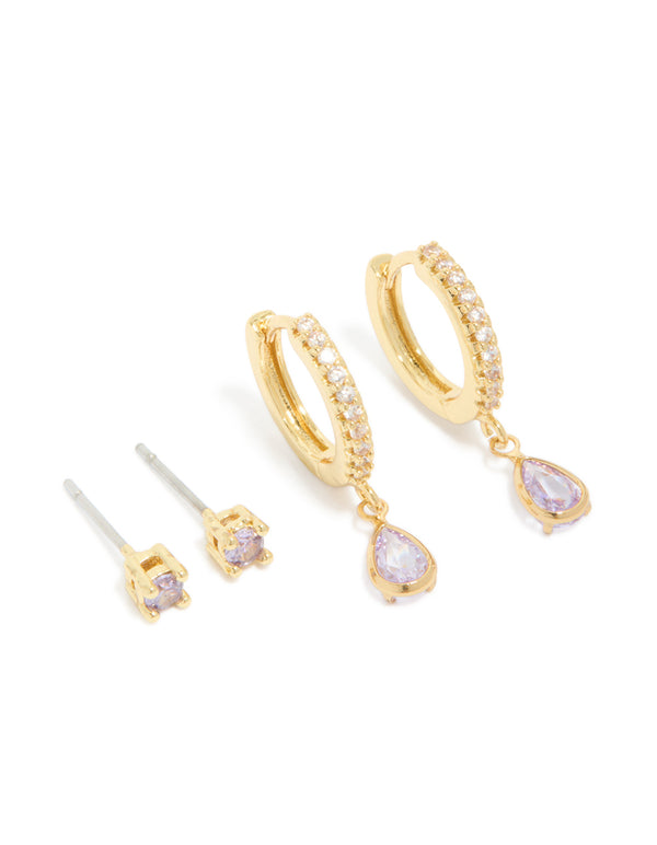 Gold Plated Brass Light Amethyst Cubic Zirconia June Birthstone Earrings 2 Pack