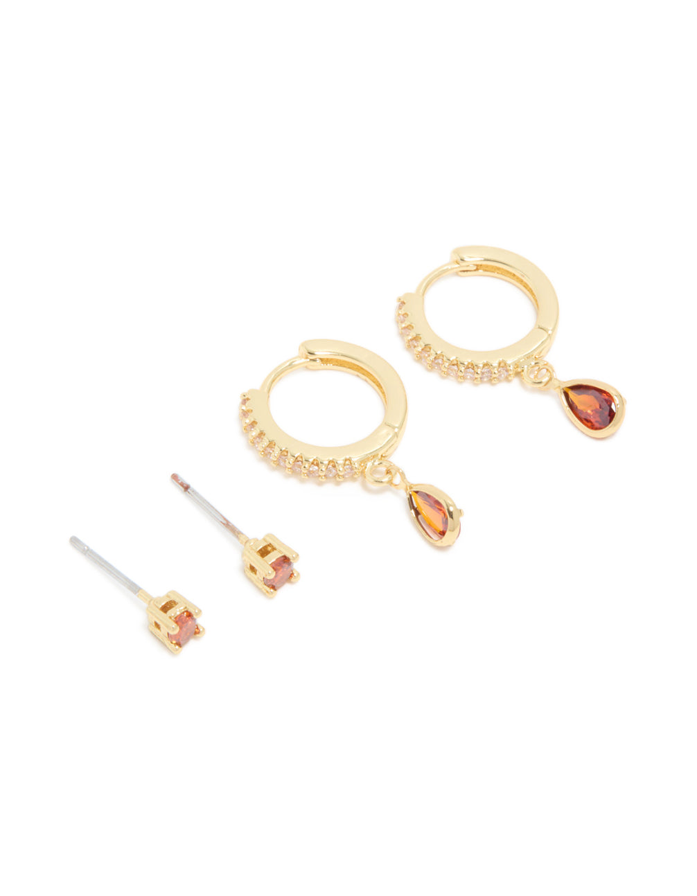 Gold Plated Brass Garnet Cubic Zirconia January Birthstone Earrings 2-Pack