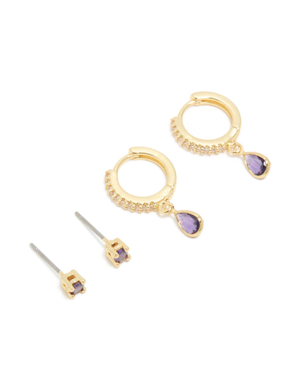 Gold Plated Brass Amethyst Cubic Zirconia February Birthstone Earrings 2 Pack