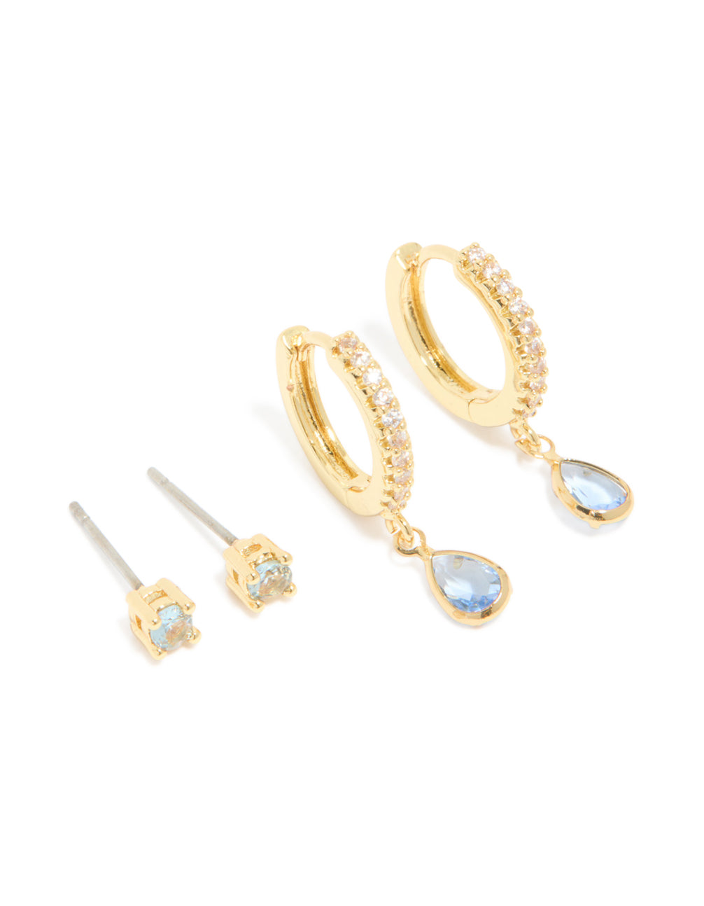 Gold Plated Brass Aquamarine Cubic Zirconia March Birthstone Earrings 2-Pack