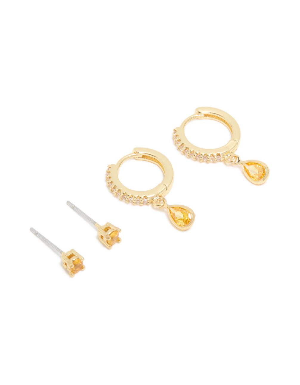 Gold Plated Brass Citrine Cubic Zirconia November Birthstone Earrings 2-Pack