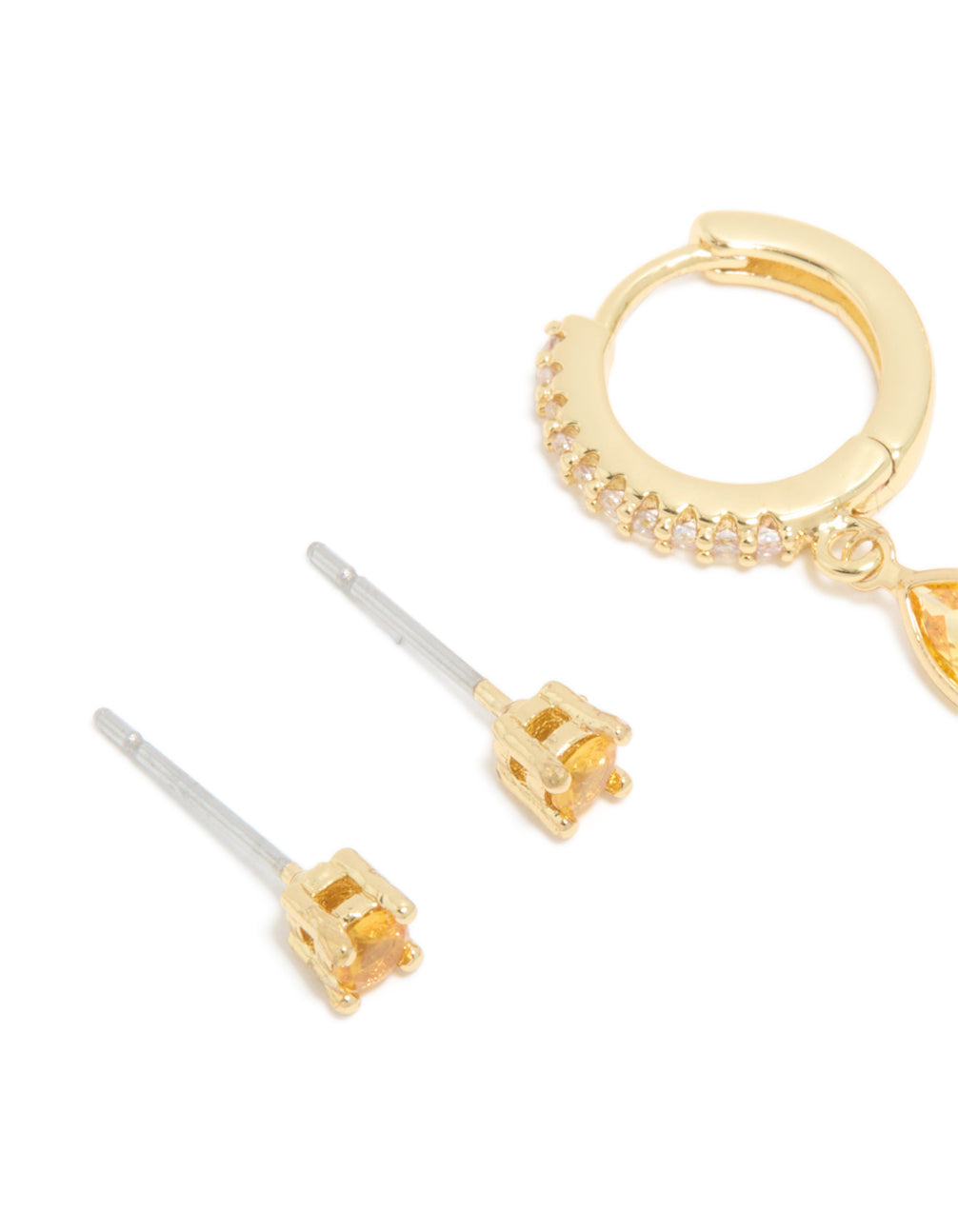 Gold Plated Brass Citrine Cubic Zirconia November Birthstone Earrings 2-Pack