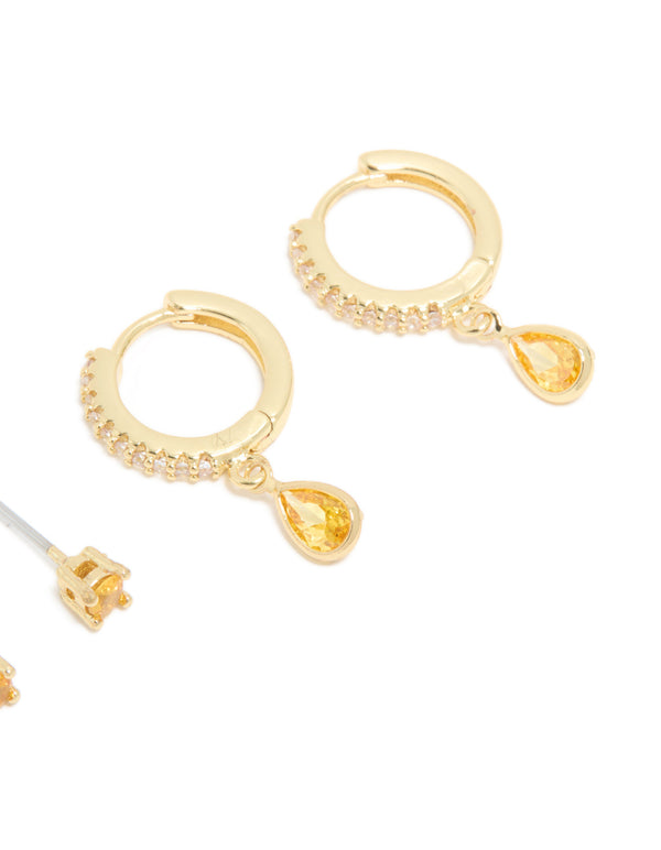 Gold Plated Brass Citrine Cubic Zirconia November Birthstone Earrings 2-Pack