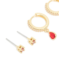 Gold Plated Brass Ruby Cubic Zirconia July Birthstone Earrings 2-Pack - link has visual effect only