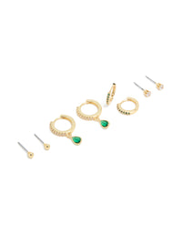 Gold Plated Brass Emerald Cubic Zirconia May Birthstone Earrings 4-Pack - link has visual effect only