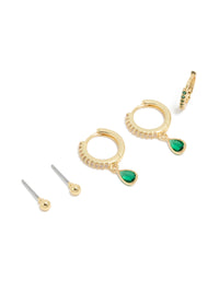 Gold Plated Brass Emerald Cubic Zirconia May Birthstone Earrings 4-Pack - link has visual effect only