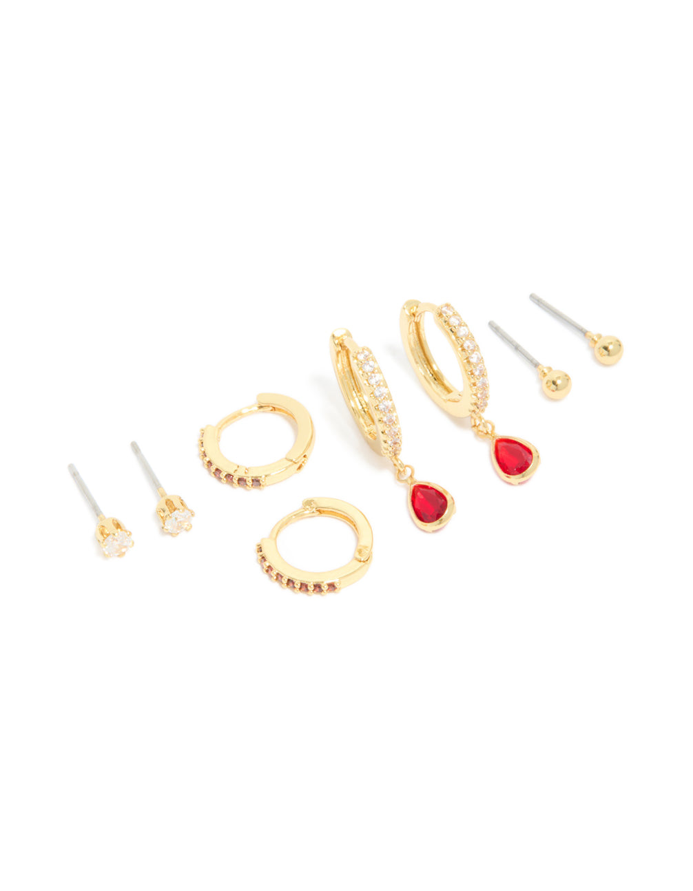 Showcasing huggie stud crystal cubic zirconia garnet birthstone earrings crafted from gold plated brass in red and clear front view