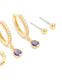 Gold Plated Brass Amethyst Cubic Zirconia February Birthstone Earrings 4-Pack - link has visual effect only