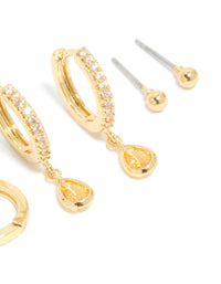 Gold Plated Brass Citrine Cubic Zirconia November Birthstone Earrings 4-Pack - link has visual effect only