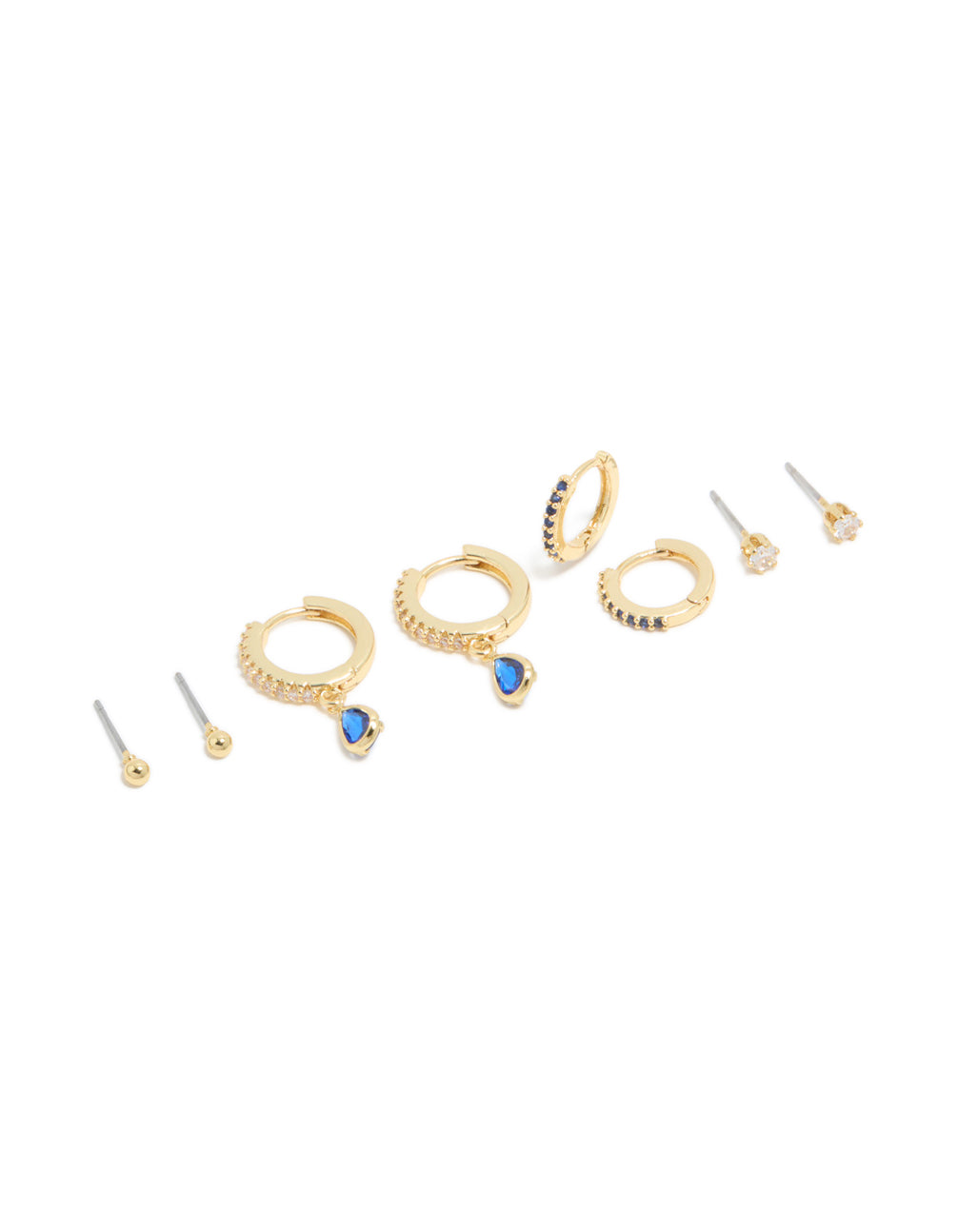 Crafted from gold plated brass with charm details, featuring sapphire cubic zirconia crystals and ball stud, huggie closure in a 4-pack front view
