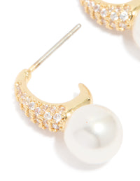 Gold Plated Cubic Zirconia & Pearl Small Pave Open Hoop Earrings - link has visual effect only
