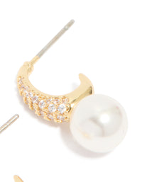 Gold Plated Cubic Zirconia & Pearl Small Pave Open Hoop Earrings - link has visual effect only
