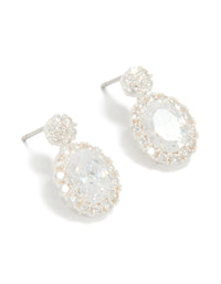 Beautiful silver plated oval cubic zirconia medium drop earrings with clear accents front view - link has visual effect only