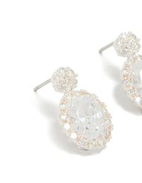 Stunning silver plated oval cubic zirconia medium drop earrings featuring clear tones close up view - link has visual effect only