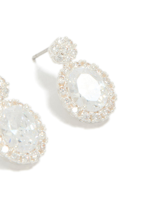 Elegant silver plated oval cubic zirconia medium drop earrings in clear post detail view