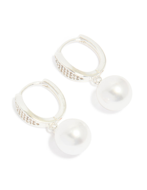 Silver Plated Cubic Zirconia Pearl Huggie Earrings