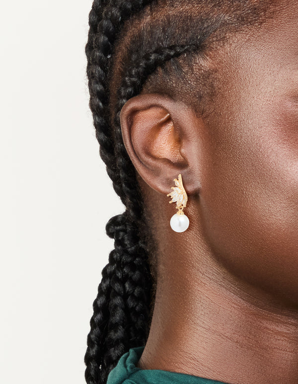 Gold Plated Cubic Zirconia Vine Fan & Pearl Drop Earrings
