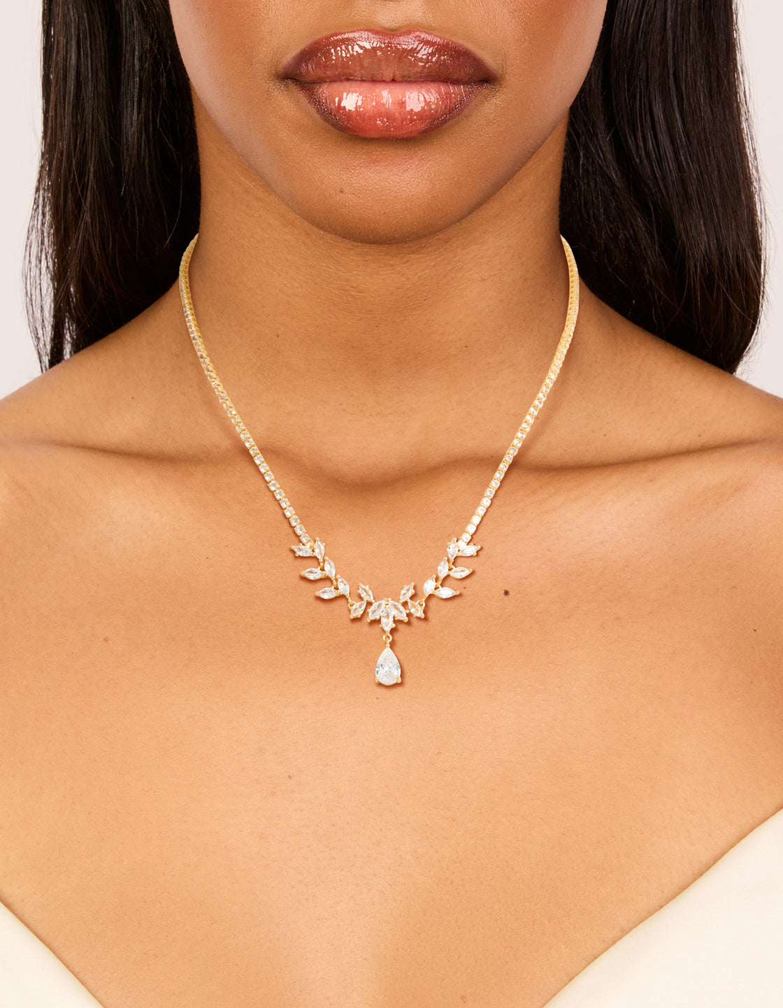 Gold Plated Cubic Zirconia Flower Vine Drop Necklace